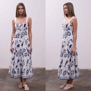 Moon River Print Ruffle Hem Sleeveless Midi Dress